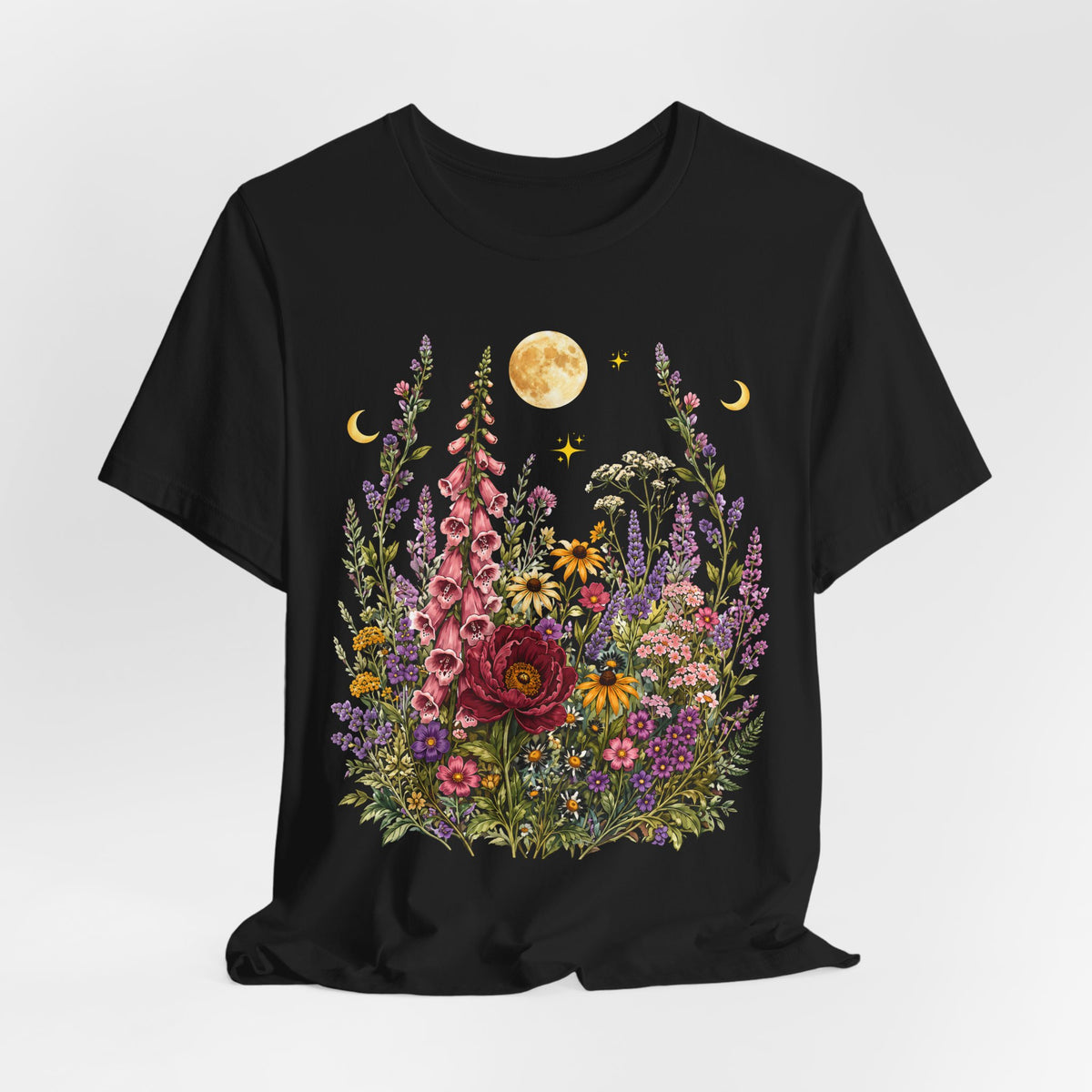 Floral Moon Garden T-Shirt, Vintage Wildflower & Celestial Graphic Tee - 14961