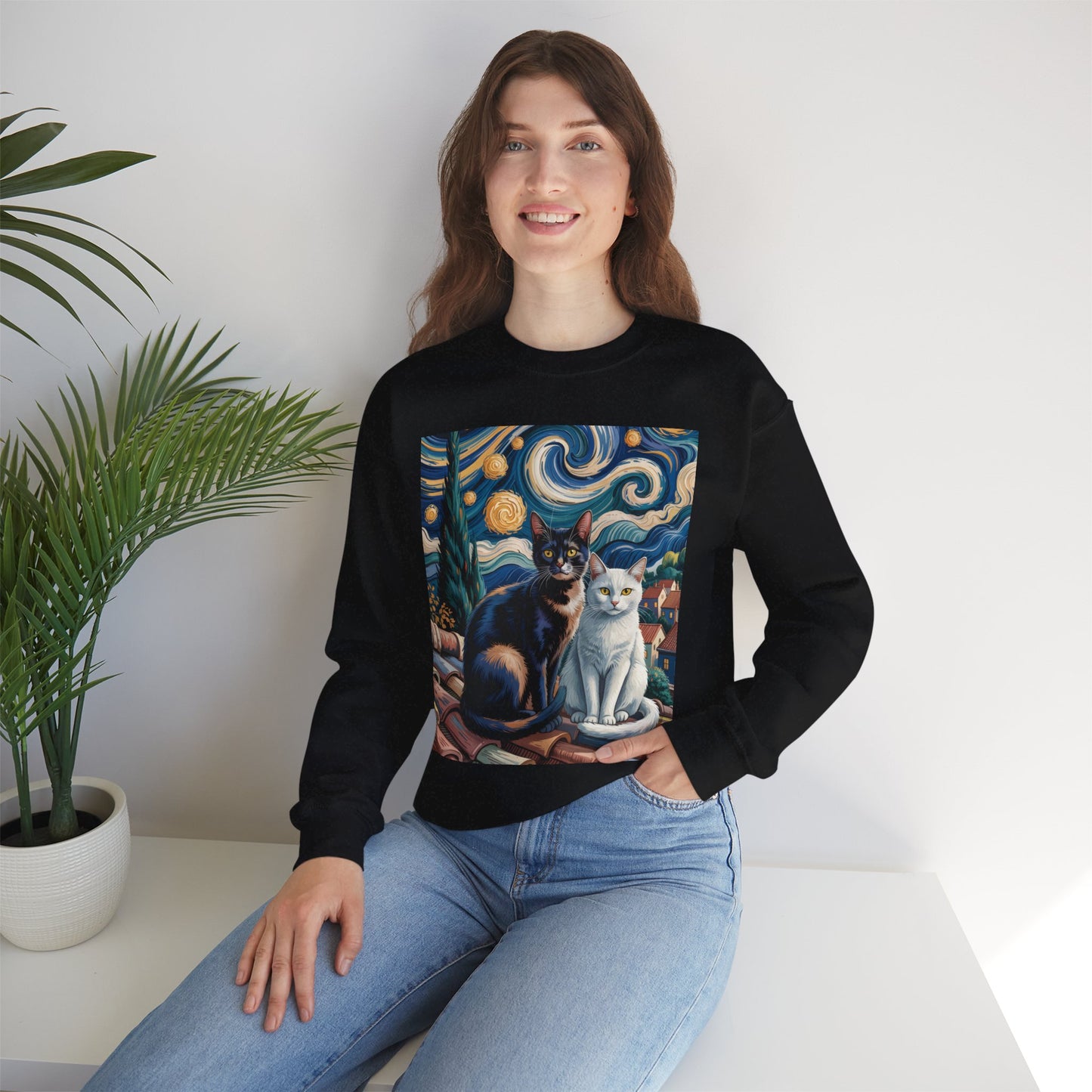 Van Gogh Style Cat Art Sweatshirt - Cozy Unisex Crewneck, Valentines Day Gift for Cat Lovers - 14764