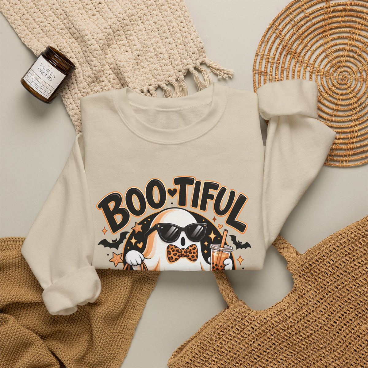 Boo-tiful Halloween Ghost Sweatshirt,  Leopard Print Crewneck - 14523