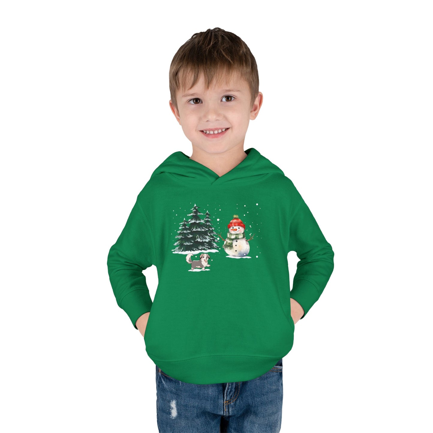 Winter Trees, Snowman & Puppy - Toddler Pullover Fleece Hoodie - 10270