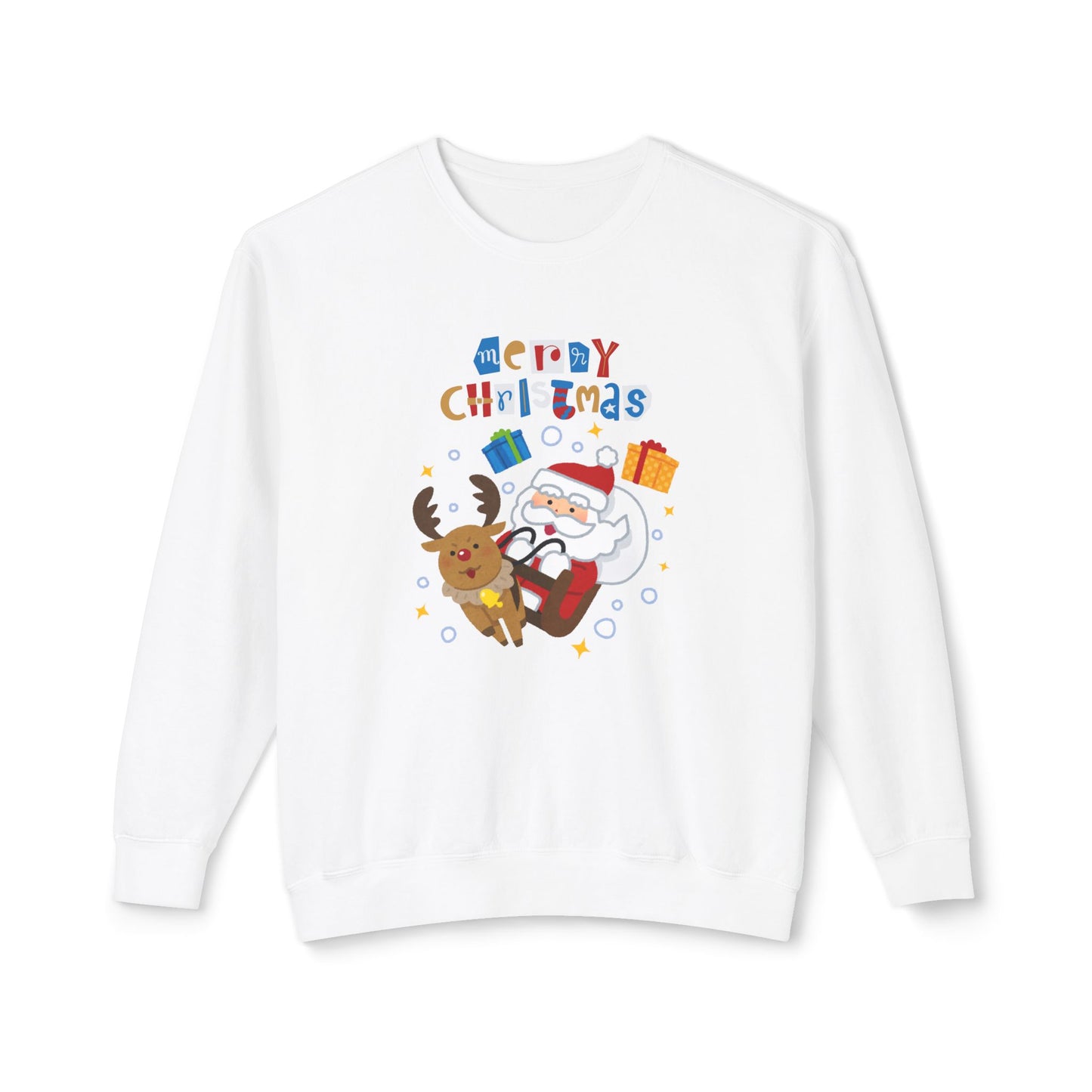 Merry Christmas, Santa & Reindeer - Unisex Lightweight Crewneck Sweatshirt - 10470