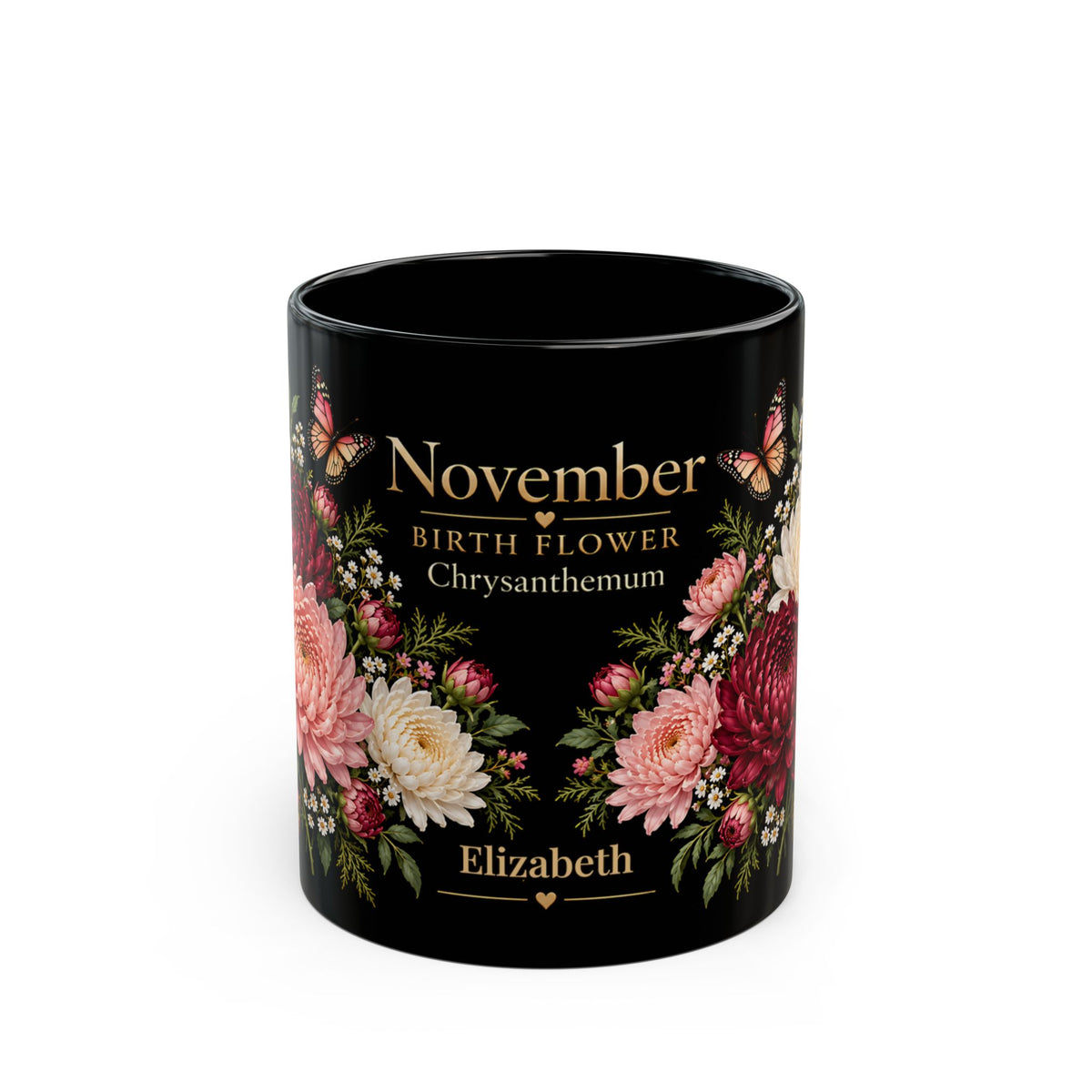 November Chrysanthemum Birth Flower Mug, Personalized Black Floral Mug - 14546