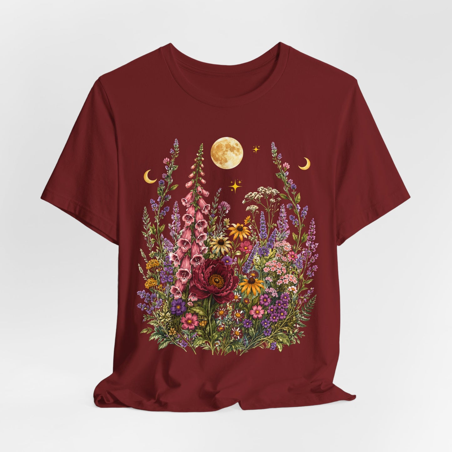 Floral Moon Garden T-Shirt, Vintage Wildflower & Celestial Graphic Tee - 14961