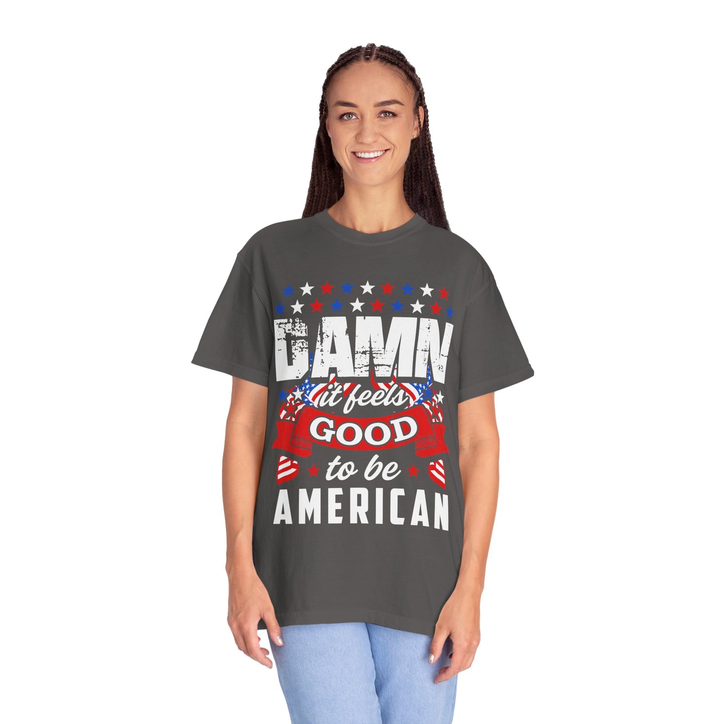 Patriotic T-Shirt with 'Damn it feels Good to be American' Design, Great for 4th of July, BBQs, and Casual Outings, Unisex Top - 13600