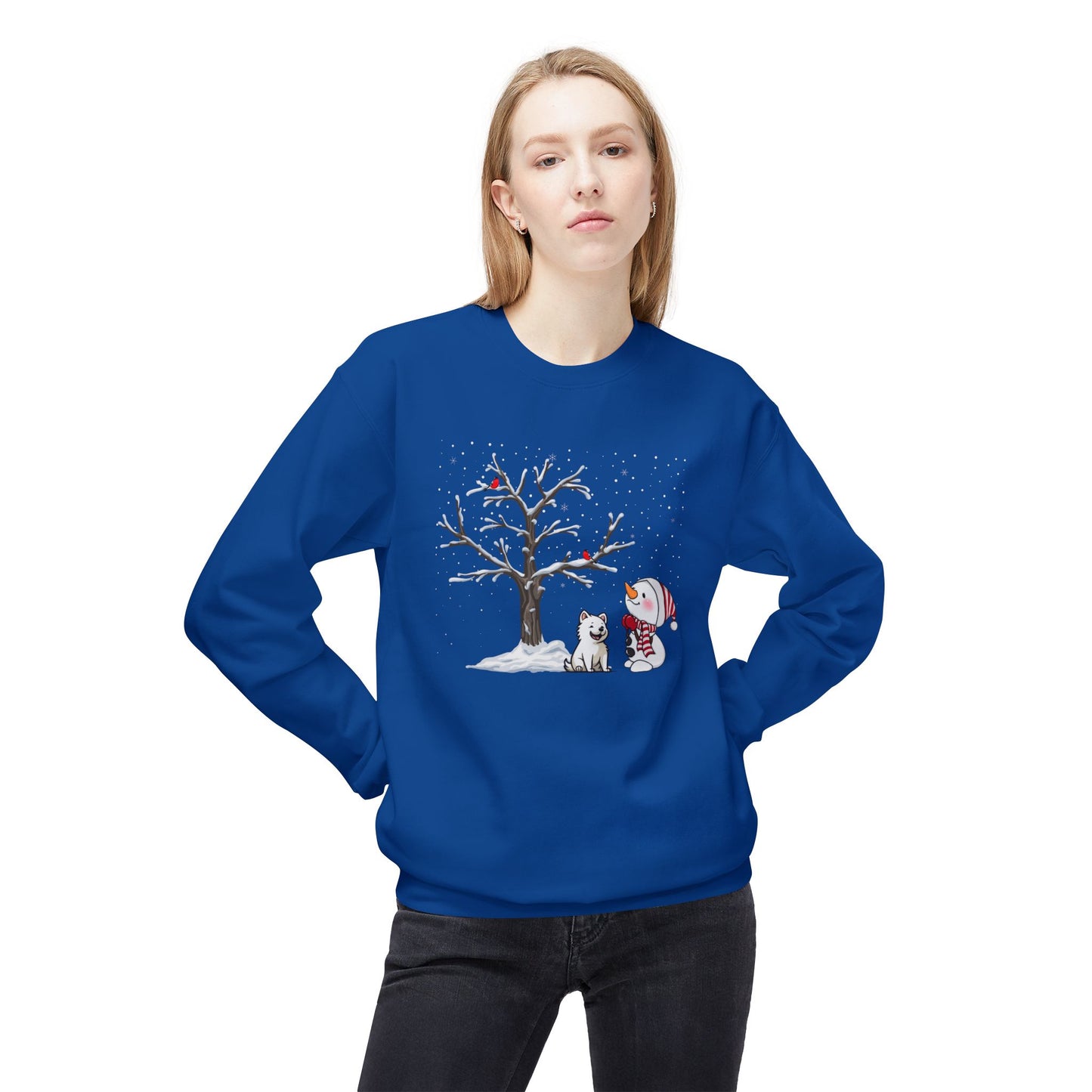 Winter Tree, Snowman & Puppy - Unisex Midweight Softstyle Fleece Crewneck Sweatshirt - 10393