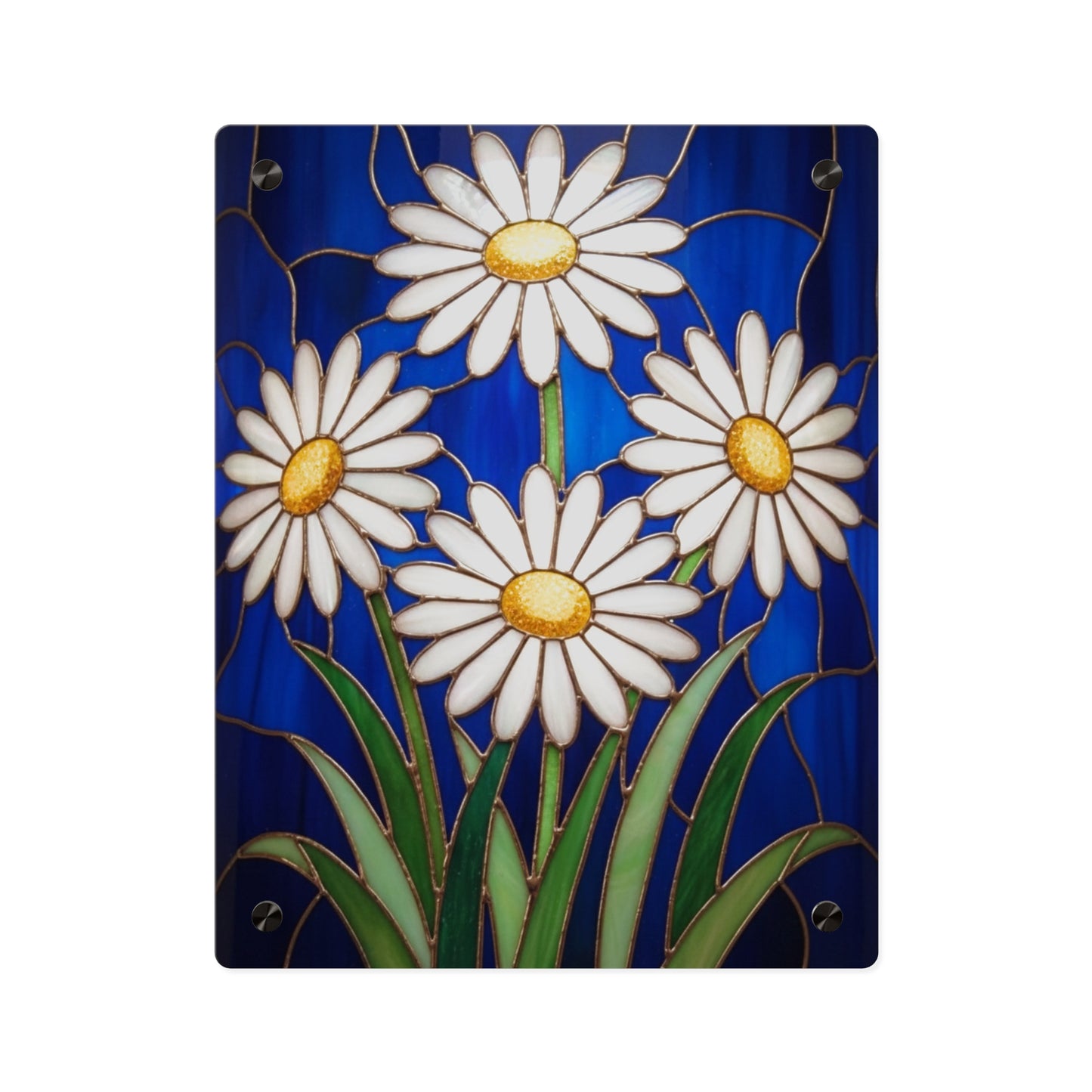 Daisy Stained-Glass Acrylic Wall Art Panel — White Daisies on Deep Blue Background - 14602