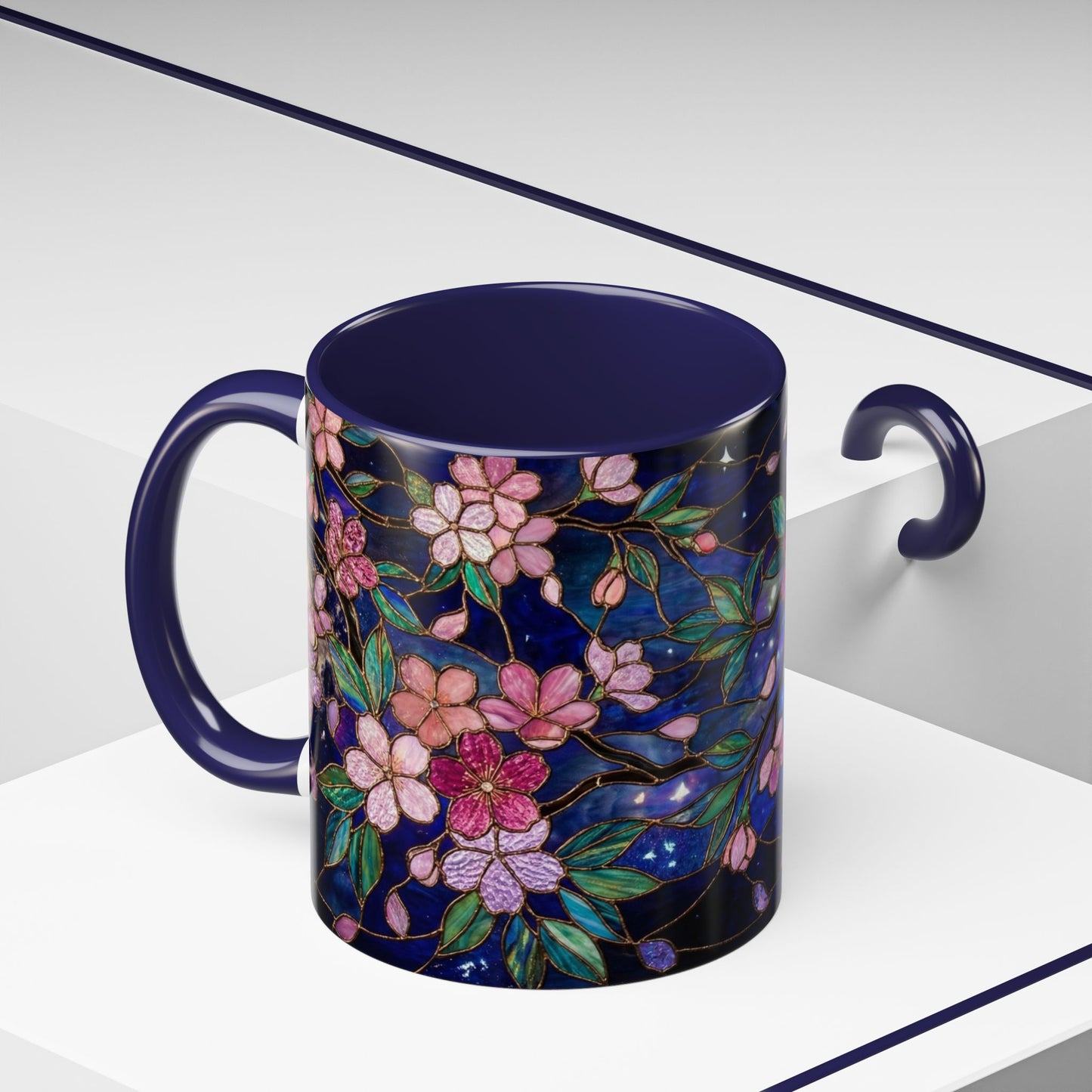 Cherry Blossom Lantern Coffee Mug — Floral Night Sky, Stained Glass Design (11/15 oz) - 14533