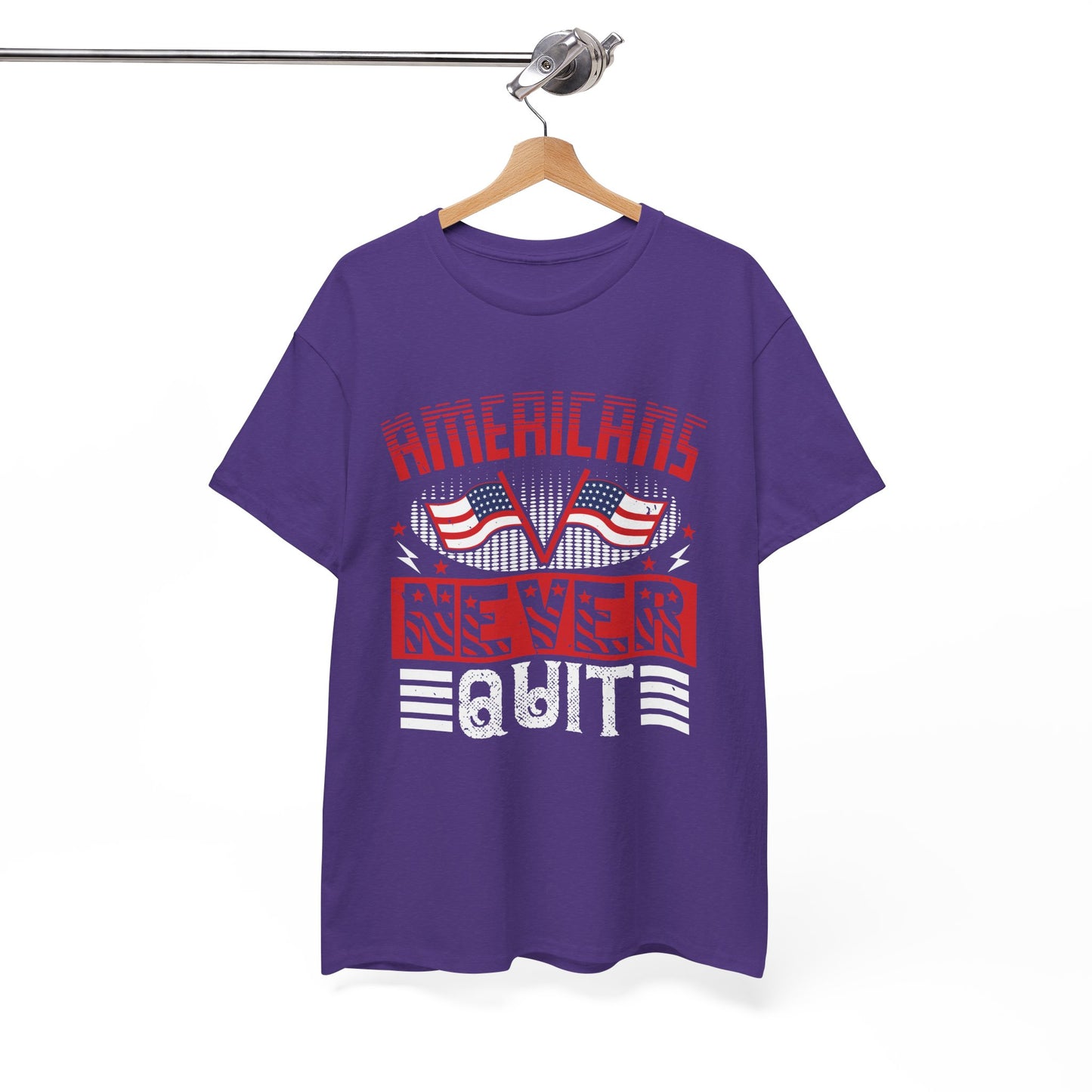 Bold American Pride Tee - 'Americans Never Quit' Graphic Shirt, Patriotic Apparel, Unisex Cotton Tee, Gift for Veterans, Independence - 13814