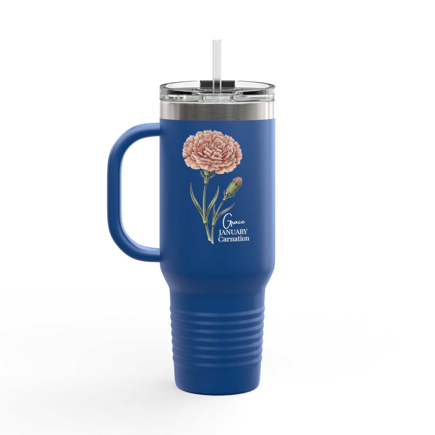 Carnation Floral Tumbler (Expressive) – January Birth Flower Gift | 40oz Insulated Travel Mug, Customizable — 14691