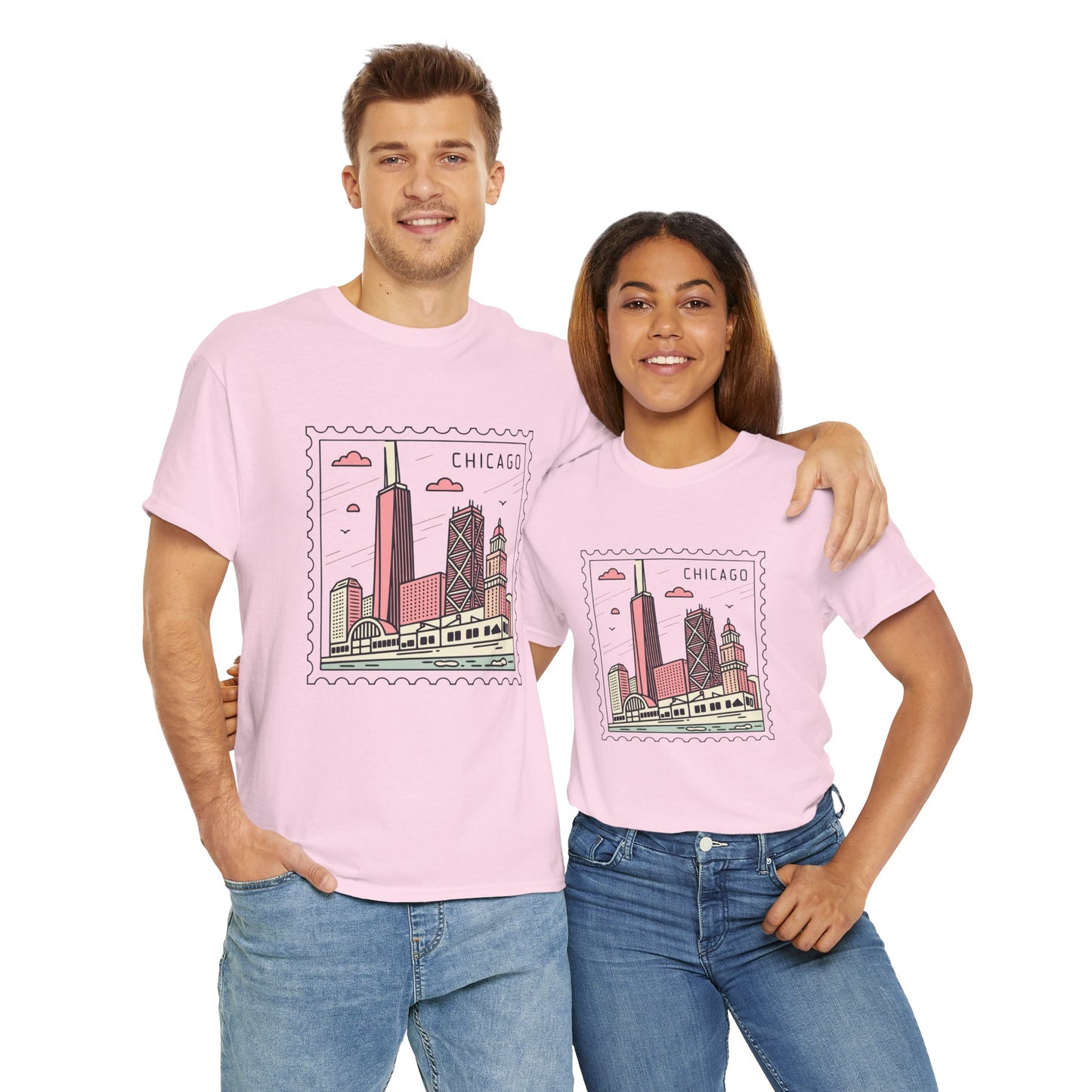 Chicago Skyline Postage Stamp Unisex Heavy Cotton Tee - 12130