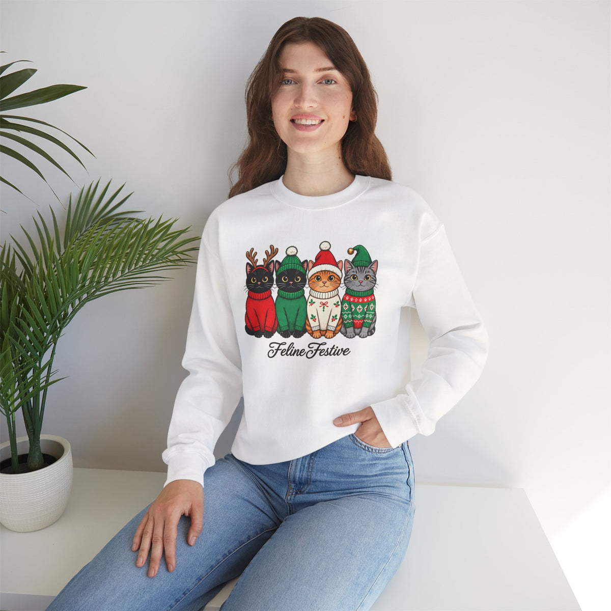 Feline Festive Sweatshirt, Cute Christmas Cats Crewneck - 14564