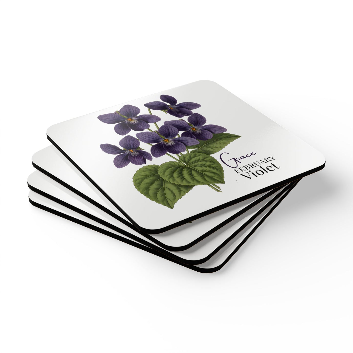 February Birth Flower Violet Cork Coaster Set – Personalized Name Gift - 14689