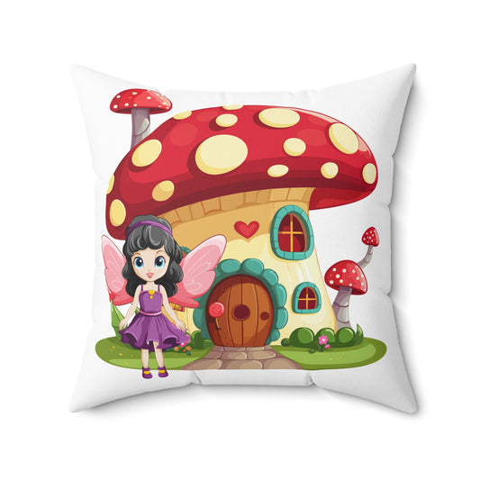 Fairy Mushroom House - Spun Polyester Square Pillow