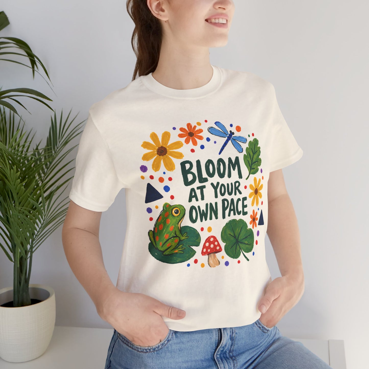 Bloom At Your Own Pace T-Shirt, Cute Frog, Floral & Motivational Graphic Tee - 14919