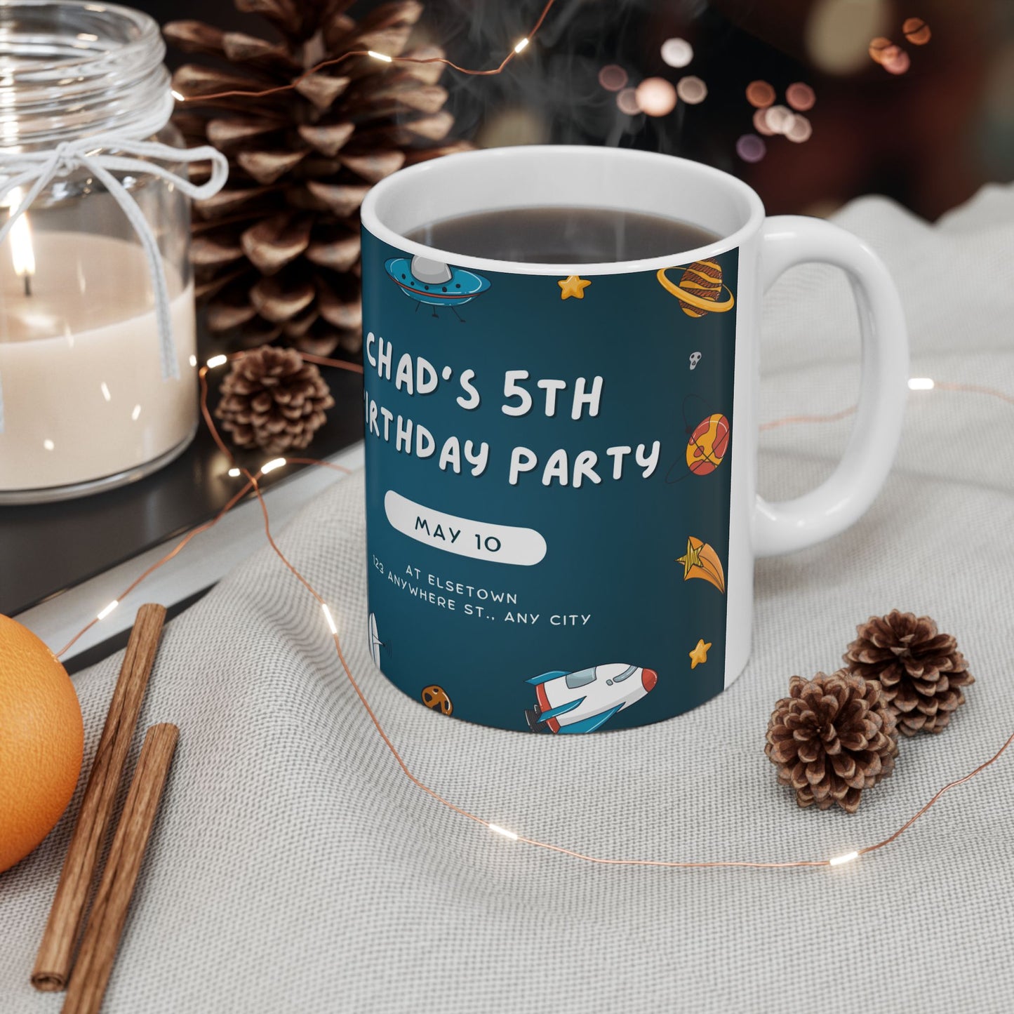 Personalized Space-Themed Ceramic Mug - Birthday Gift, Kids Space Party, Astronaut Design, Custom Coffee Cup, Birthday Celebration - 13978