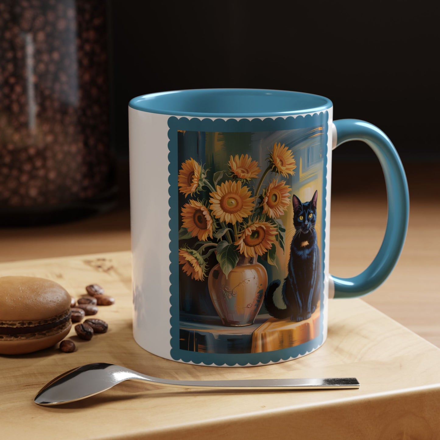 Van Gogh Style Black Cat & Sunflowers Accent Mug – Art Lover Coffee Cup (11oz / 15oz) - 14765