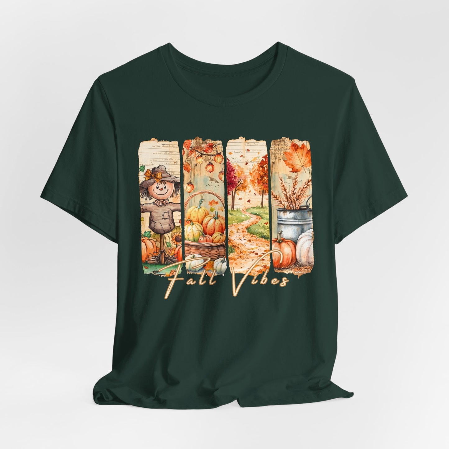 Fall Vibes T-Shirt, Autumn Pumpkin, Scarecrow & Harvest Graphic Tee - 14948