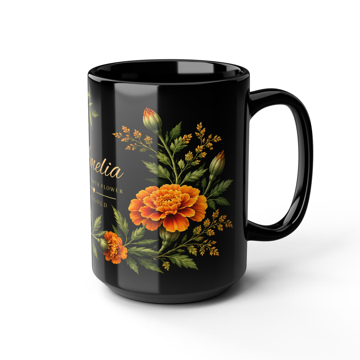 Personalized October Birth Flower Mug,  Marigold Black Coffee Cup, Custom Name 11oz/15oz - 14976