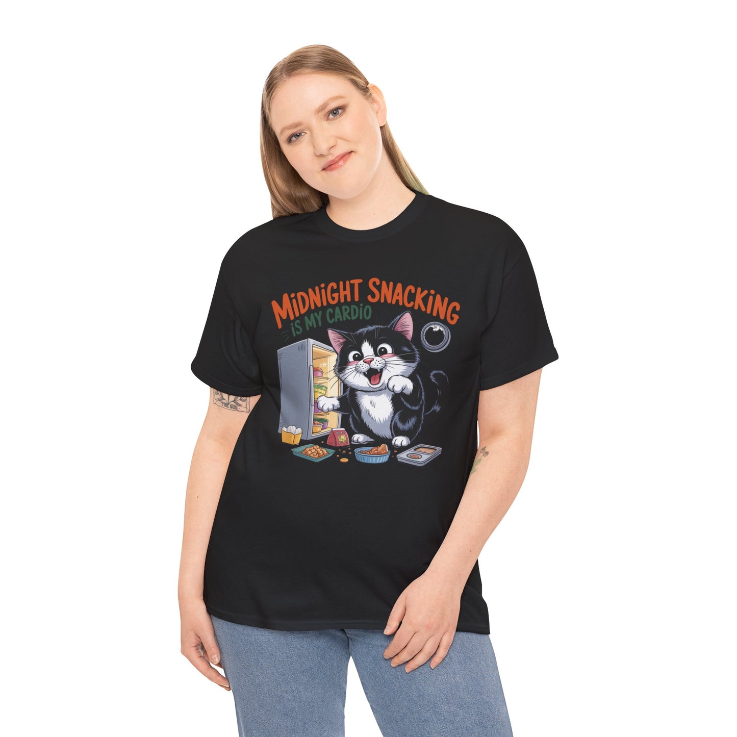 Midnight Snacking Is My Cardio T-Shirt — Funny Cat Graphic Tee, Cute Food Lover Gift - 14865