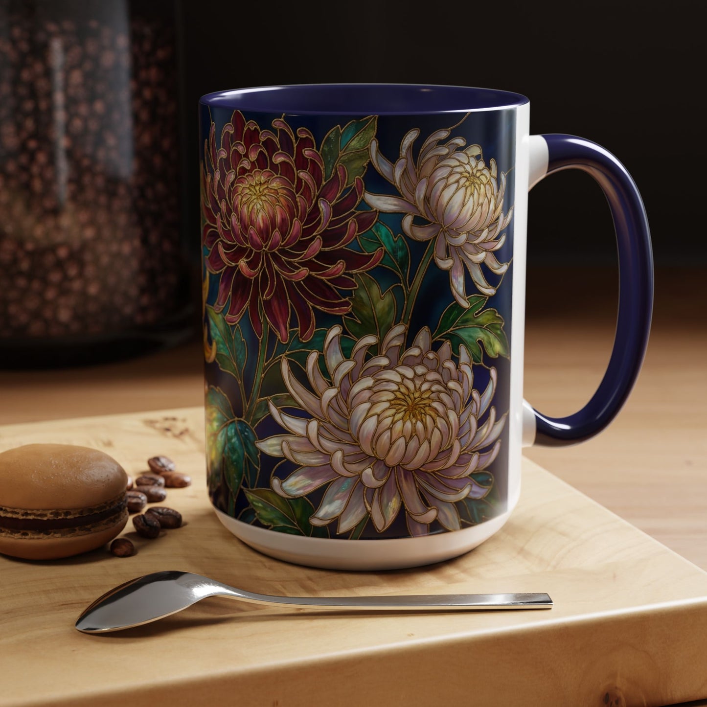 Chrysanthemum Floral Accent Coffee Mug — Stained Glass Design (11/15oz) - 14541