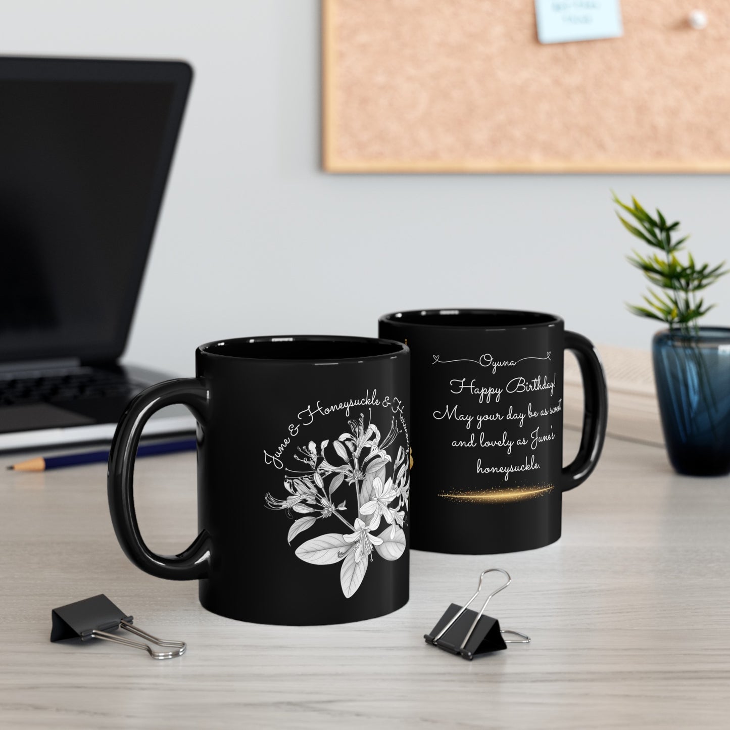 Happy Birthday, June, Honeysuckle, Customized Ceramic Black Mug (11oz, 15oz)