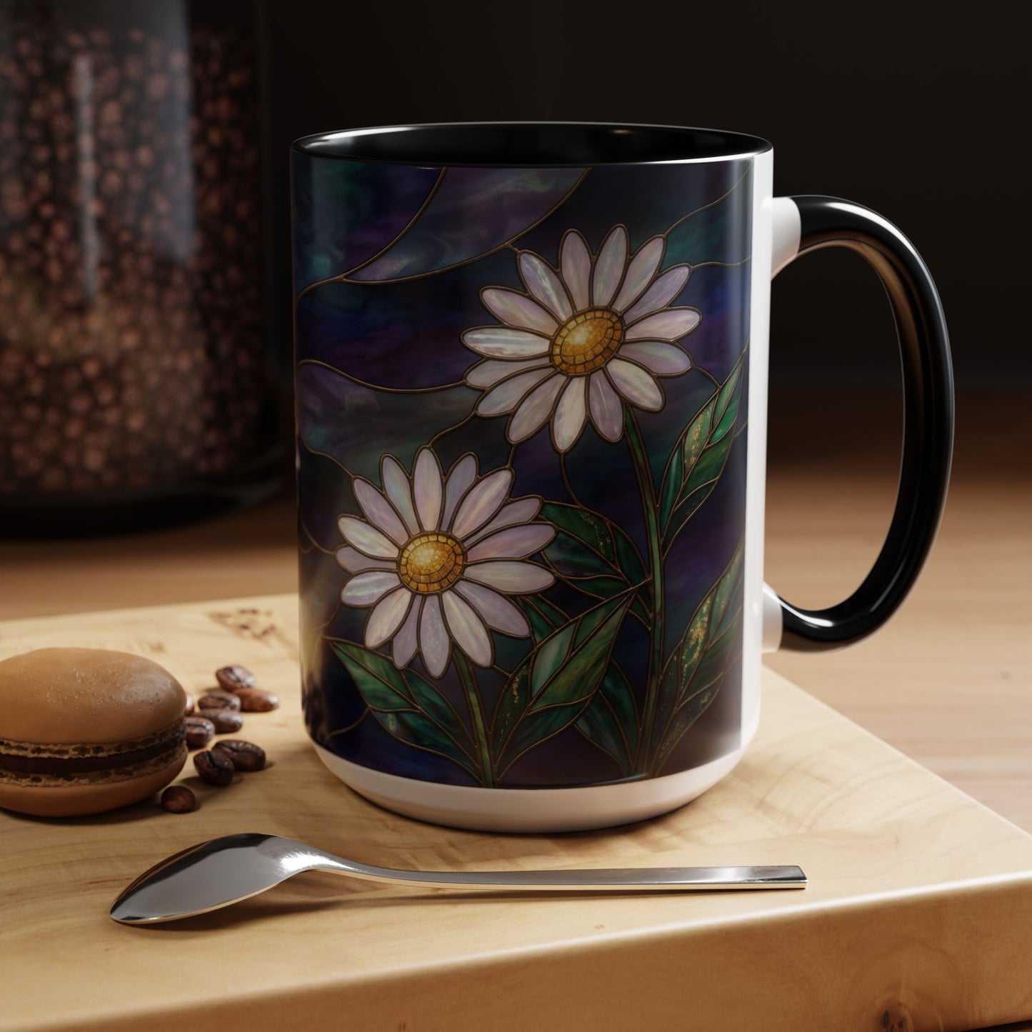 Daisy Stained Glass Accent Coffee Mug — White Daisies on Midnight (11/15oz) - 14535