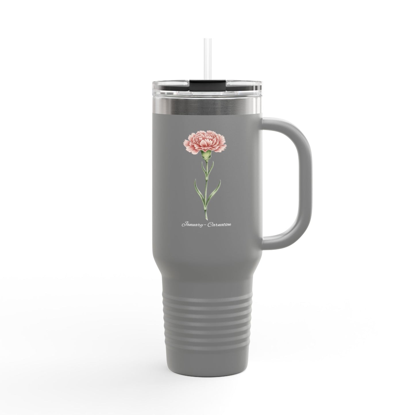 Carnation Floral Tumbler – January Birth Flower Gift | 40oz Insulated Travel Mug, Customizable — 14667