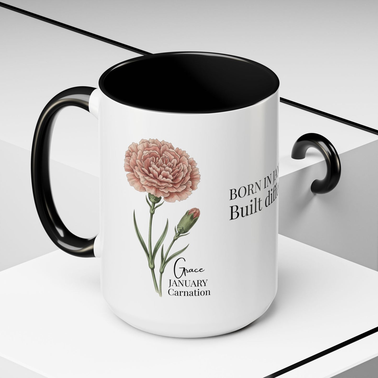 January Carnation Birth Flower Accent Coffee Mug – Customizable (11oz / 15oz) - 14671