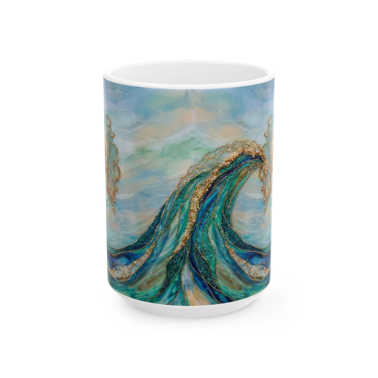 Ocean Wave Ceramic Mug — Teal & Gold Coastal Art Coffee Cup (11oz, 15oz) - 14522