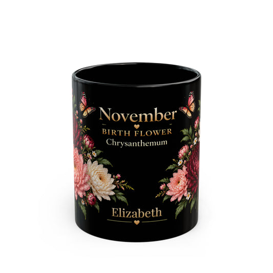 November Chrysanthemum Birth Flower Mug, Personalized Black Floral Mug - 14546
