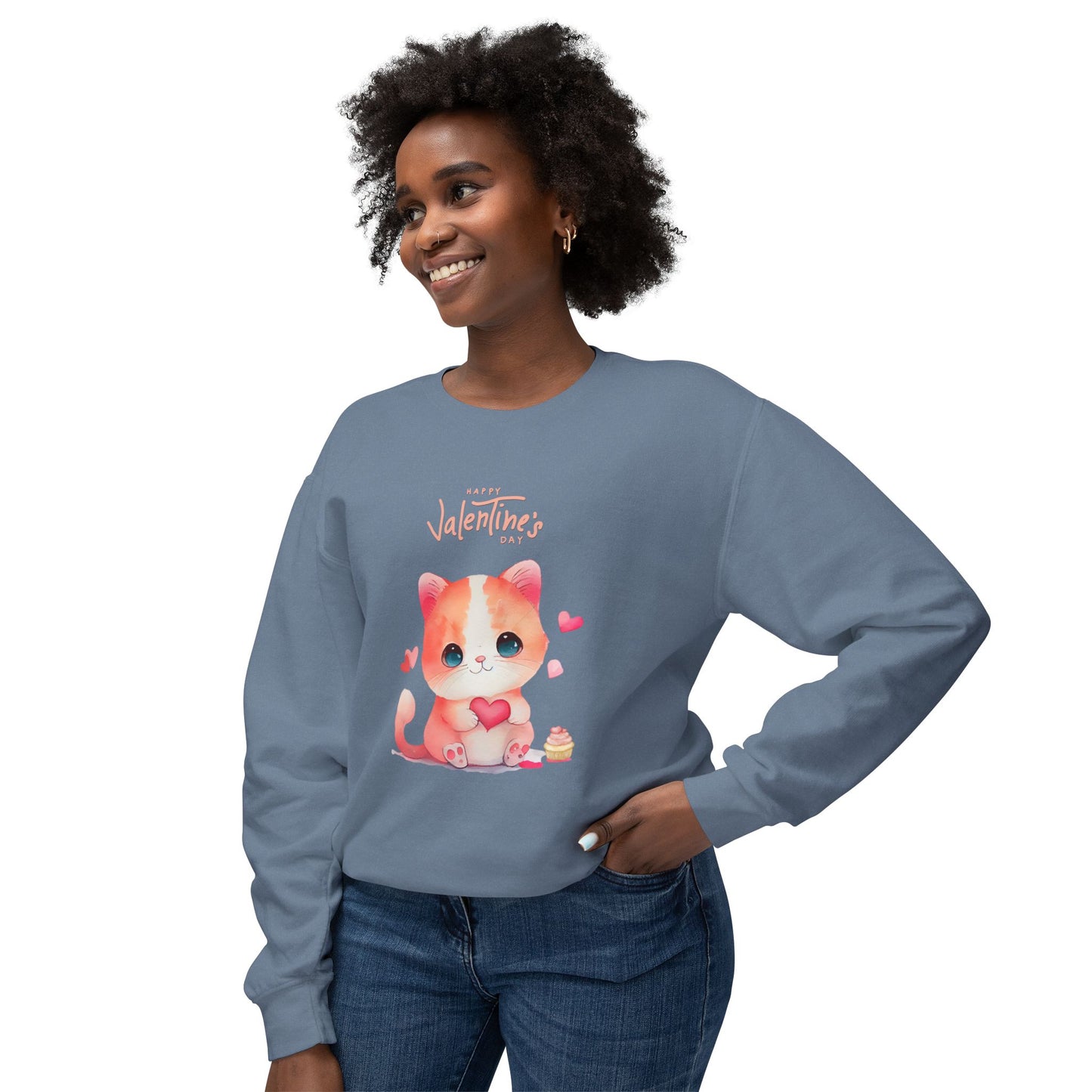 Kitten, Happy Valentine's Day - Unisex Lightweight Crewneck Sweatshirt - 11352
