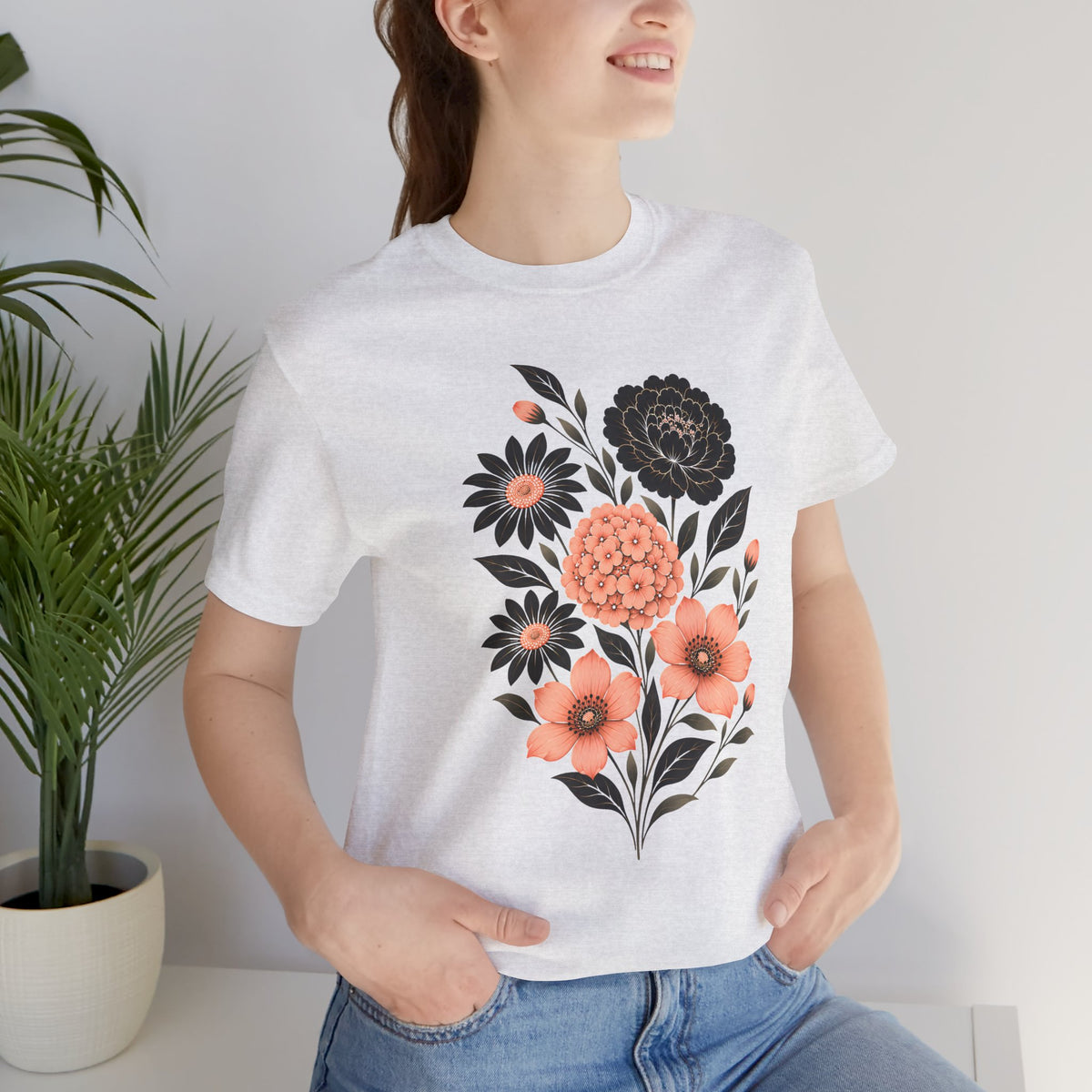 Floral Bouquet T-Shirt, Peach & Black Garden Flower Tee - 14502
