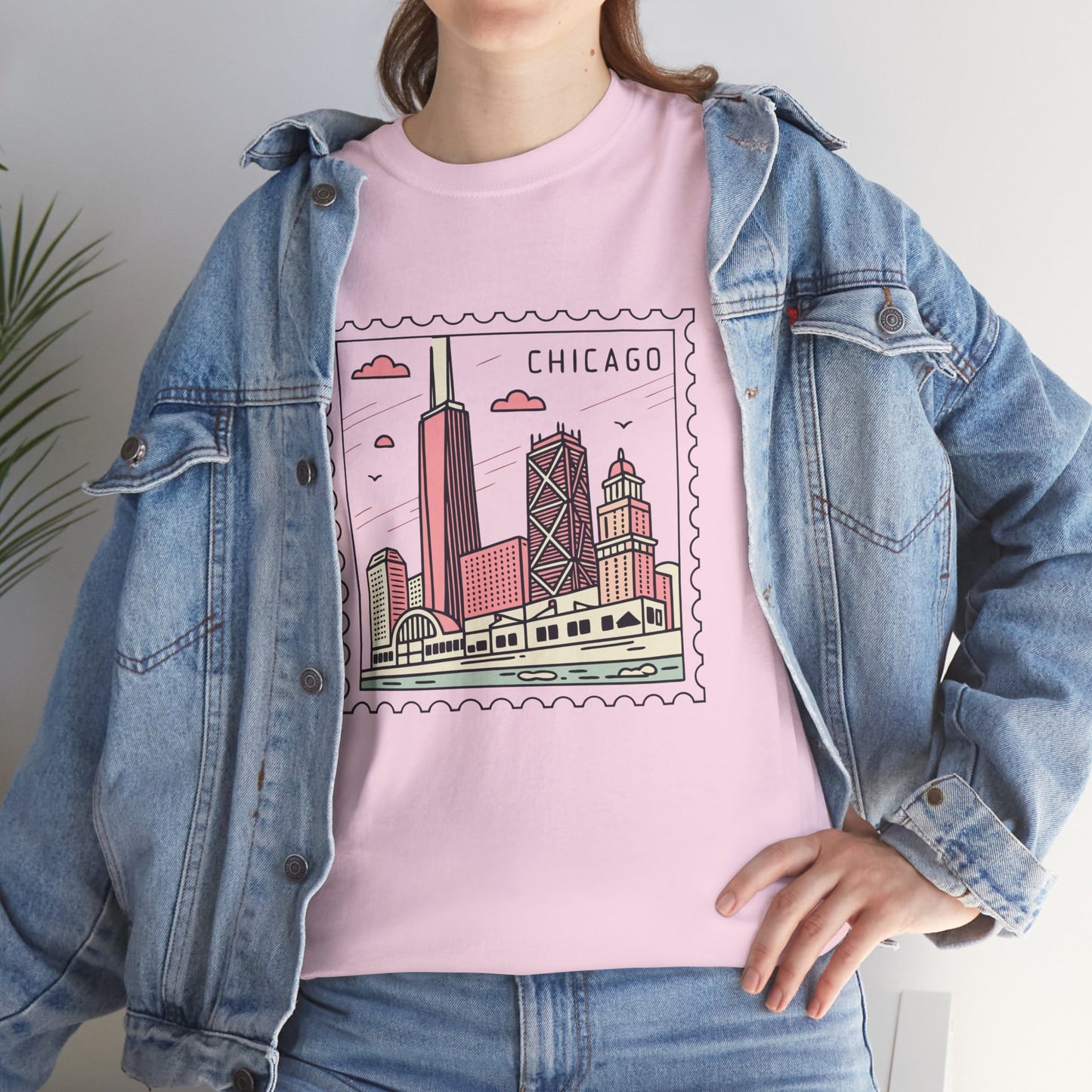 Chicago Skyline Postage Stamp Unisex Heavy Cotton Tee - 12130