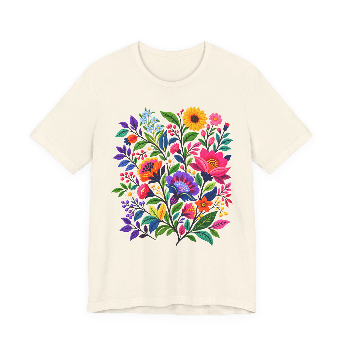 Bright Folk Art Floral T-Shirt, Colorful Flower Bouquet Tee - 14513