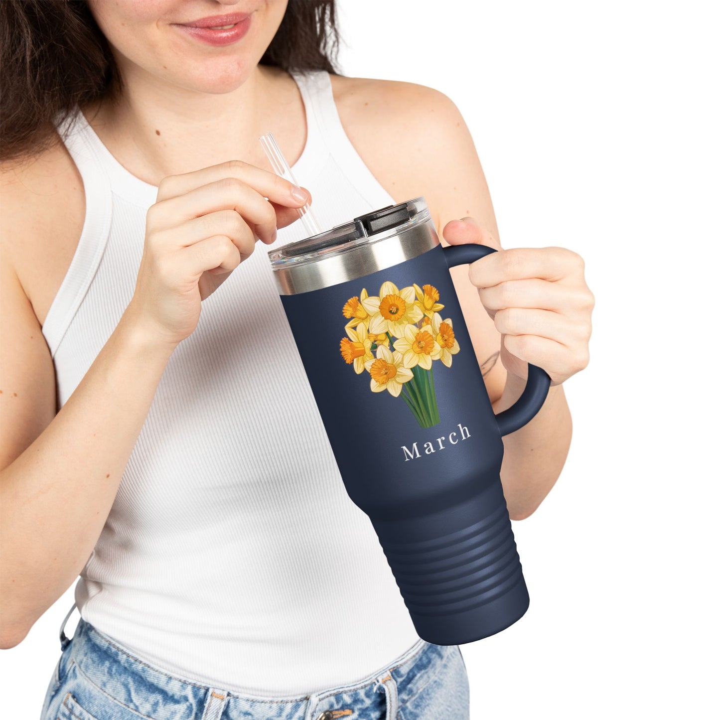 March Birth Flower Daffodil 40oz Insulated Travel Mug – Bright Bouquet Floral Birthday Gift Tumbler - 14819