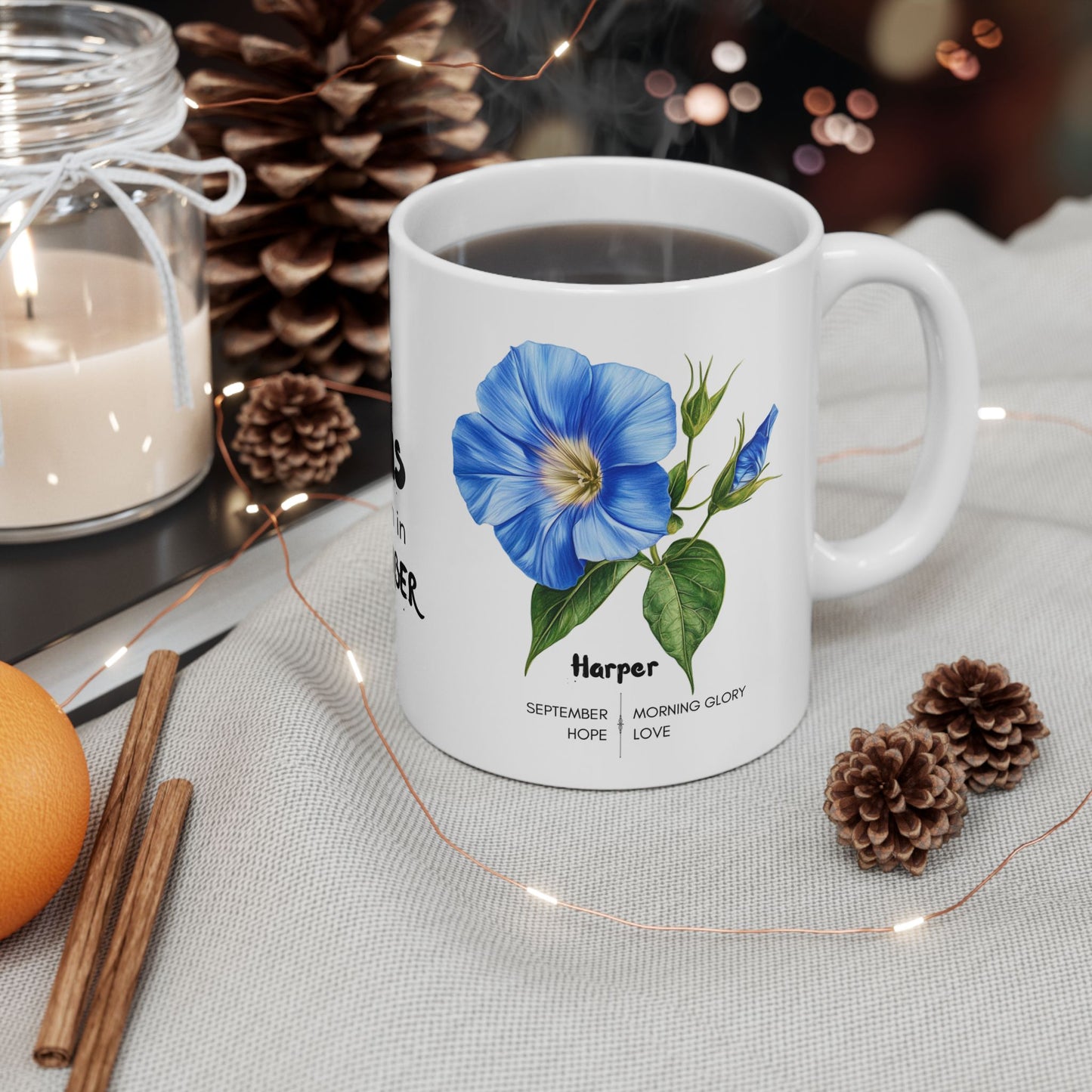 Happy Birthday: Queens Are Born In September, Morning Glory Flower, Customizable - Ceramic Mug, (11oz, 15oz)