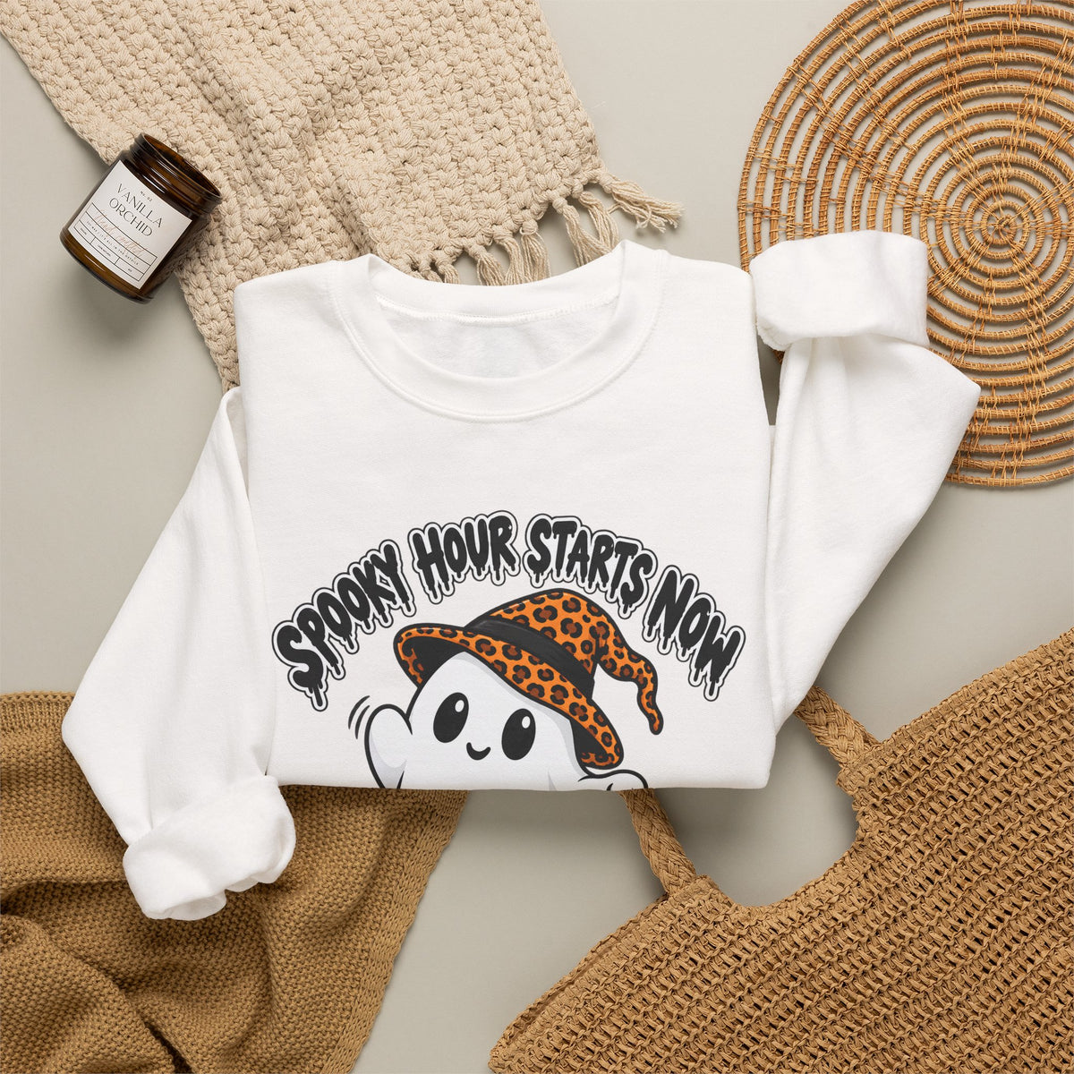 Spooky Hour Starts Now Sweatshirt, Cute Halloween Ghost Crewneck - 14536