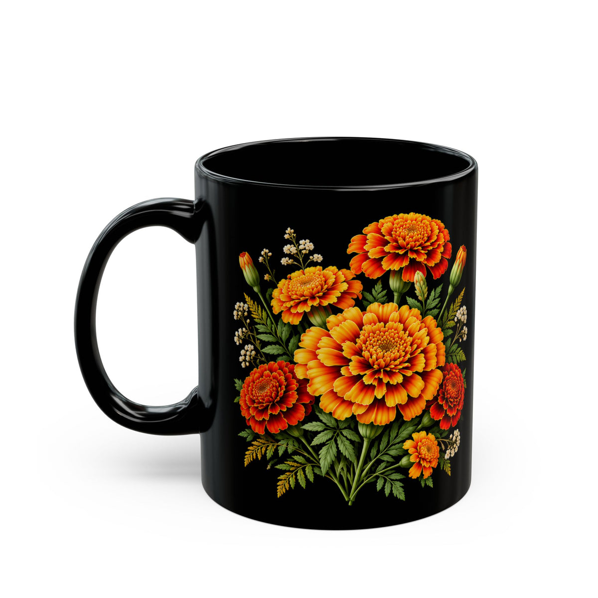 Personalized October Marigold Black Mug, Custom Name Birth Flower Coffee Cup - 14977