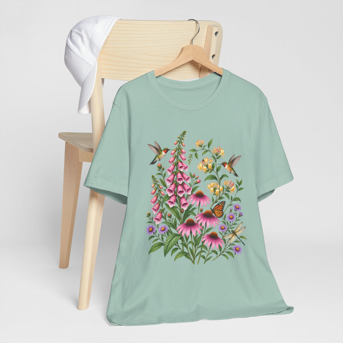 Floral Hummingbird Garden T-Shirt, Wildflower & Butterfly Botanical Tee - 14547