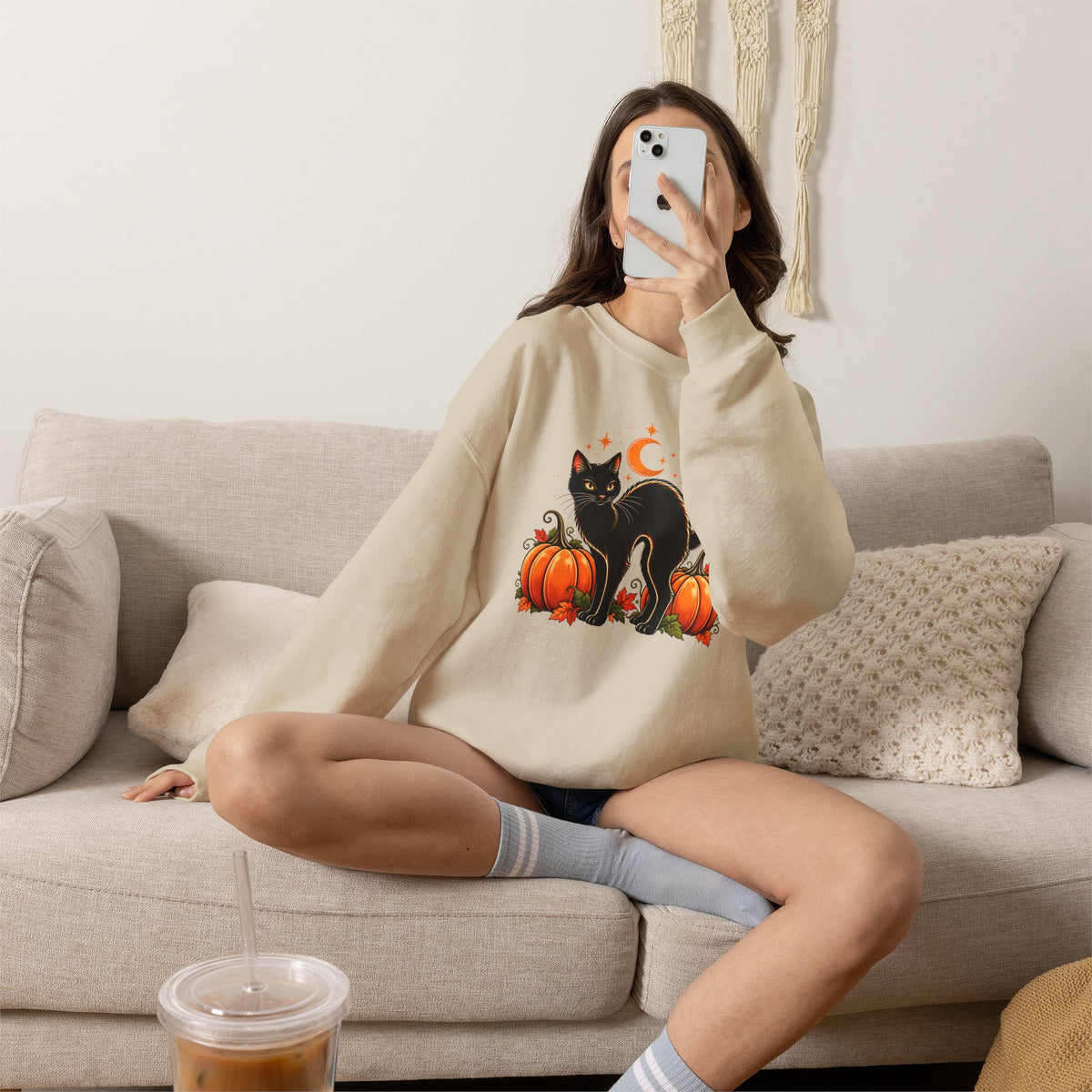 Halloween Black Cat & Pumpkins Sweatshirt, Vintage Autumn Crewneck - 14521