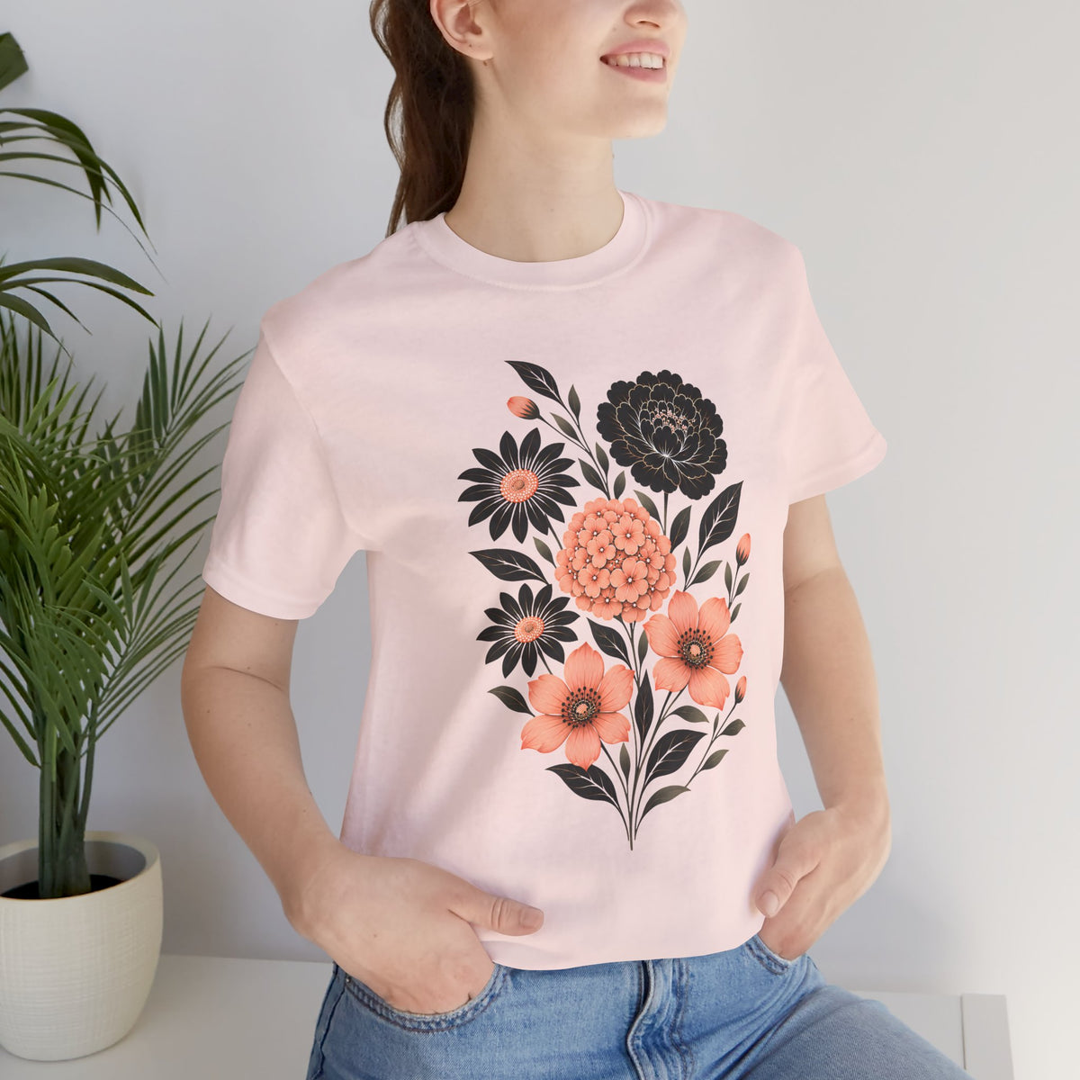 Floral Bouquet T-Shirt, Peach & Black Garden Flower Tee - 14502