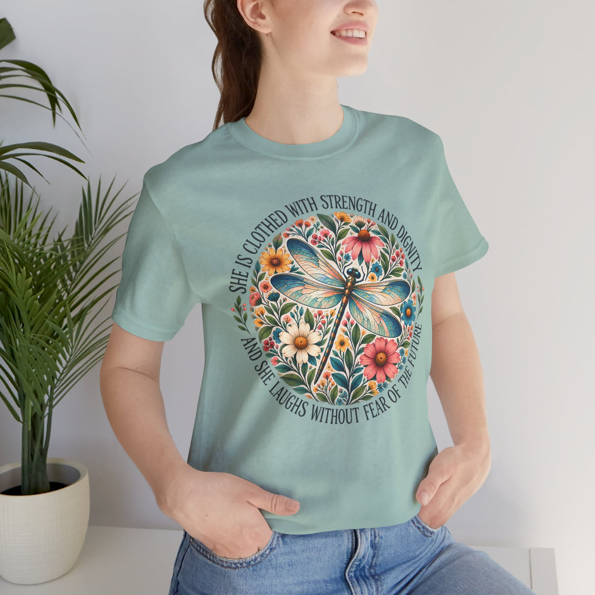 Dragonfly Floral T-Shirt, “She Is Clothed With Strength and Dignity” Inspirational Women’s Tee - 14993