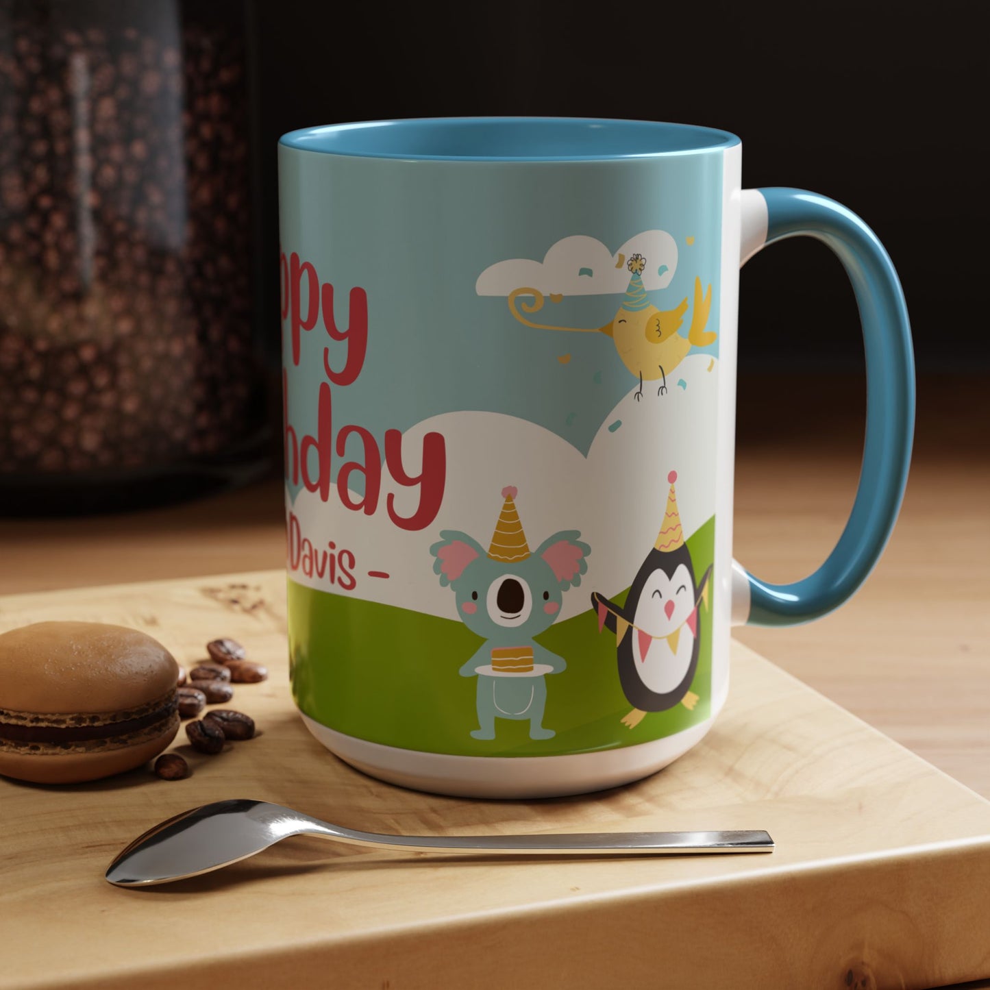 Cute Animals, Happy Birthday, Name Customizable - Accent Coffee Mug (11, 15oz) - 11140