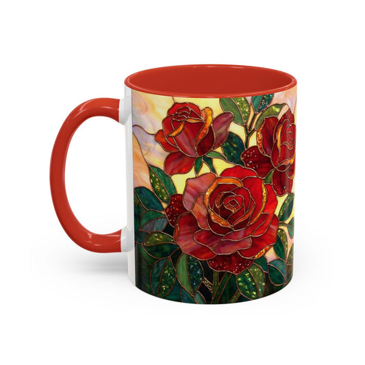 Rose Stained Glass Accent Coffee Mug – Red Roses Floral 11/15oz - 14539
