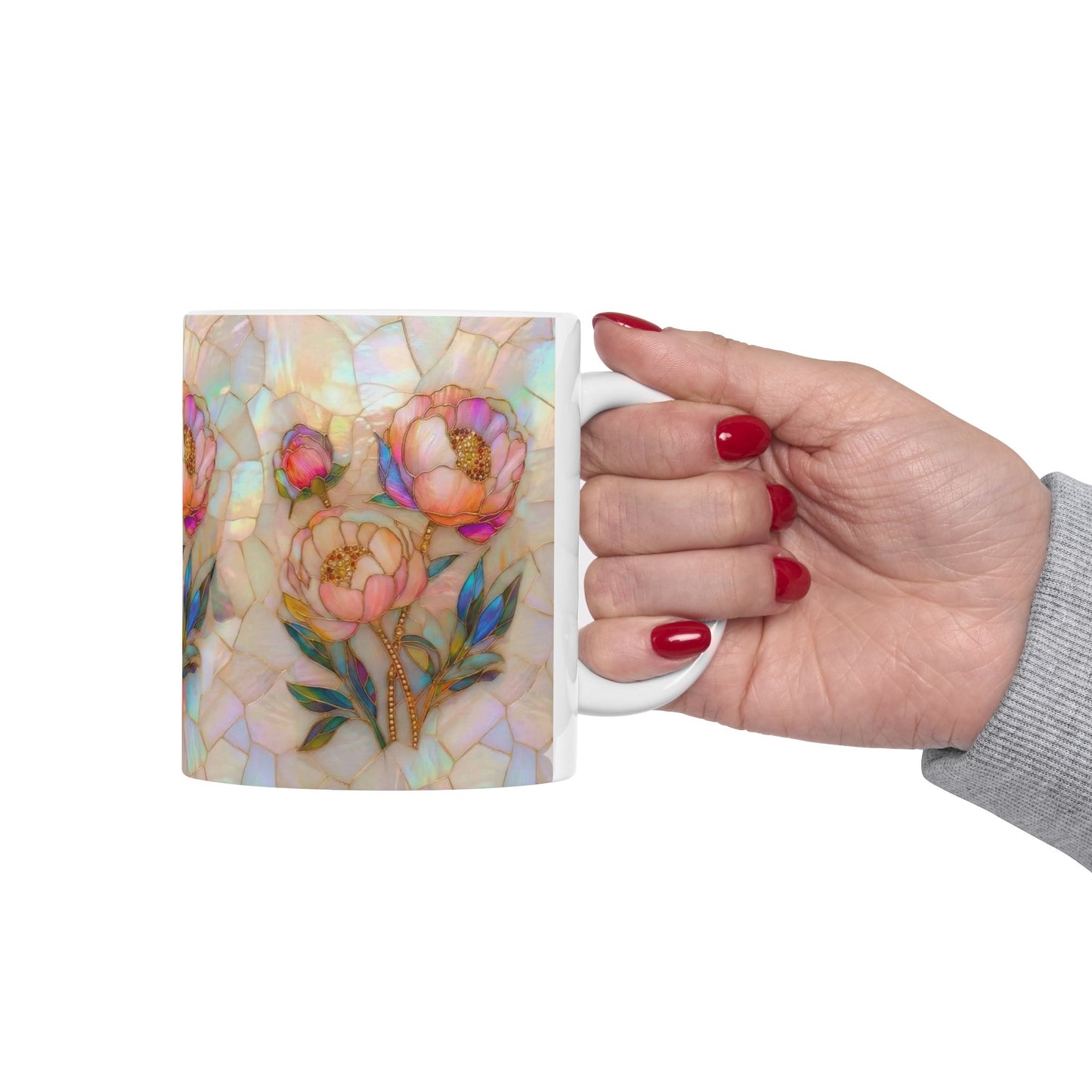 Floral Mosaic Ceramic Mug — Iridescent Peony Stained-Glass Design (11oz & 15oz) - 14518