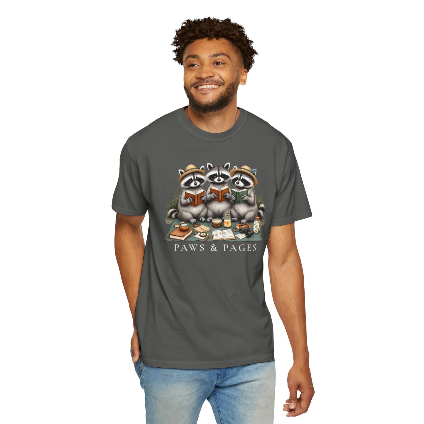 Paws & Pages Raccoon Reading T-Shirt – Cute Book Lover Graphic Tee, Cozy Reader Gift Shirt - 14816