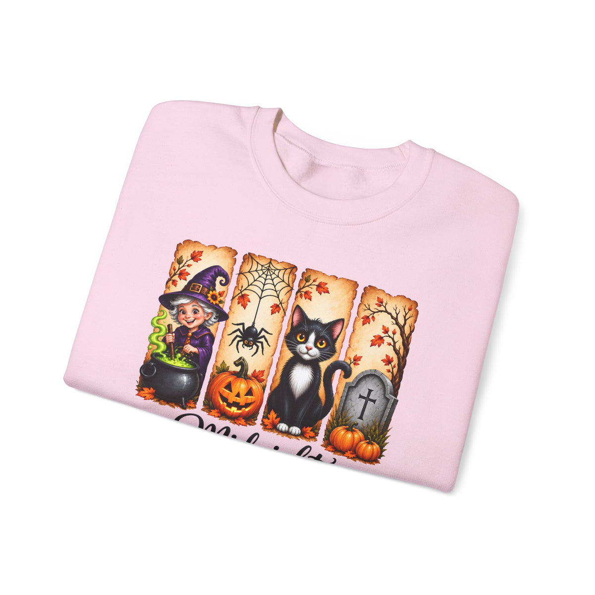 Midnight Harvest Halloween Sweatshirt, Witch, Black Cat, Pumpkins & Spooky Fall Crewneck - 14514
