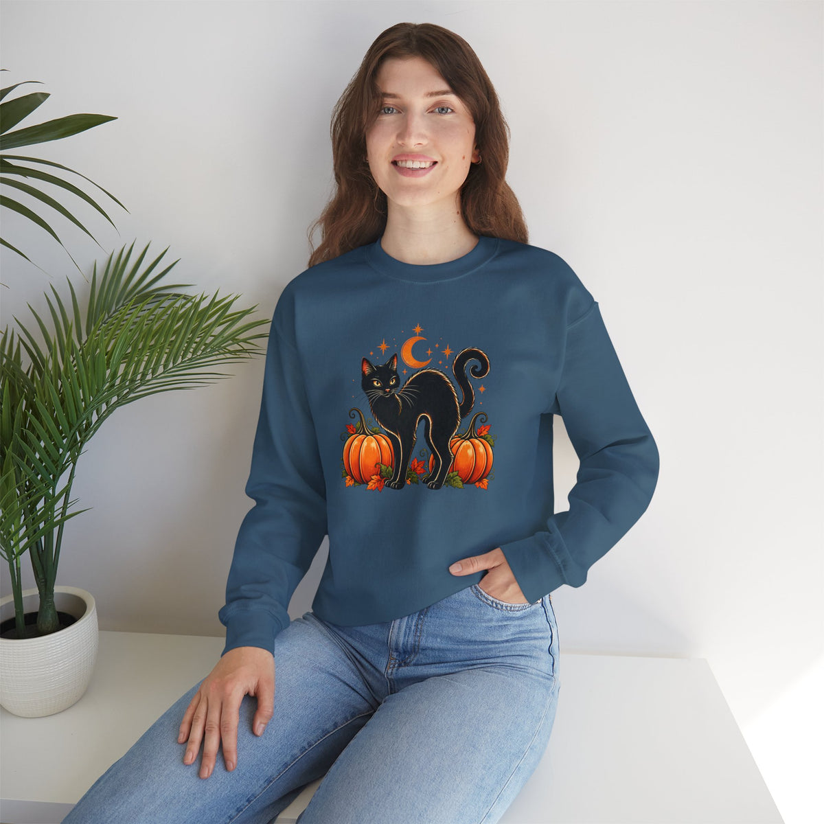 Halloween Black Cat & Pumpkins Sweatshirt, Vintage Autumn Crewneck - 14521