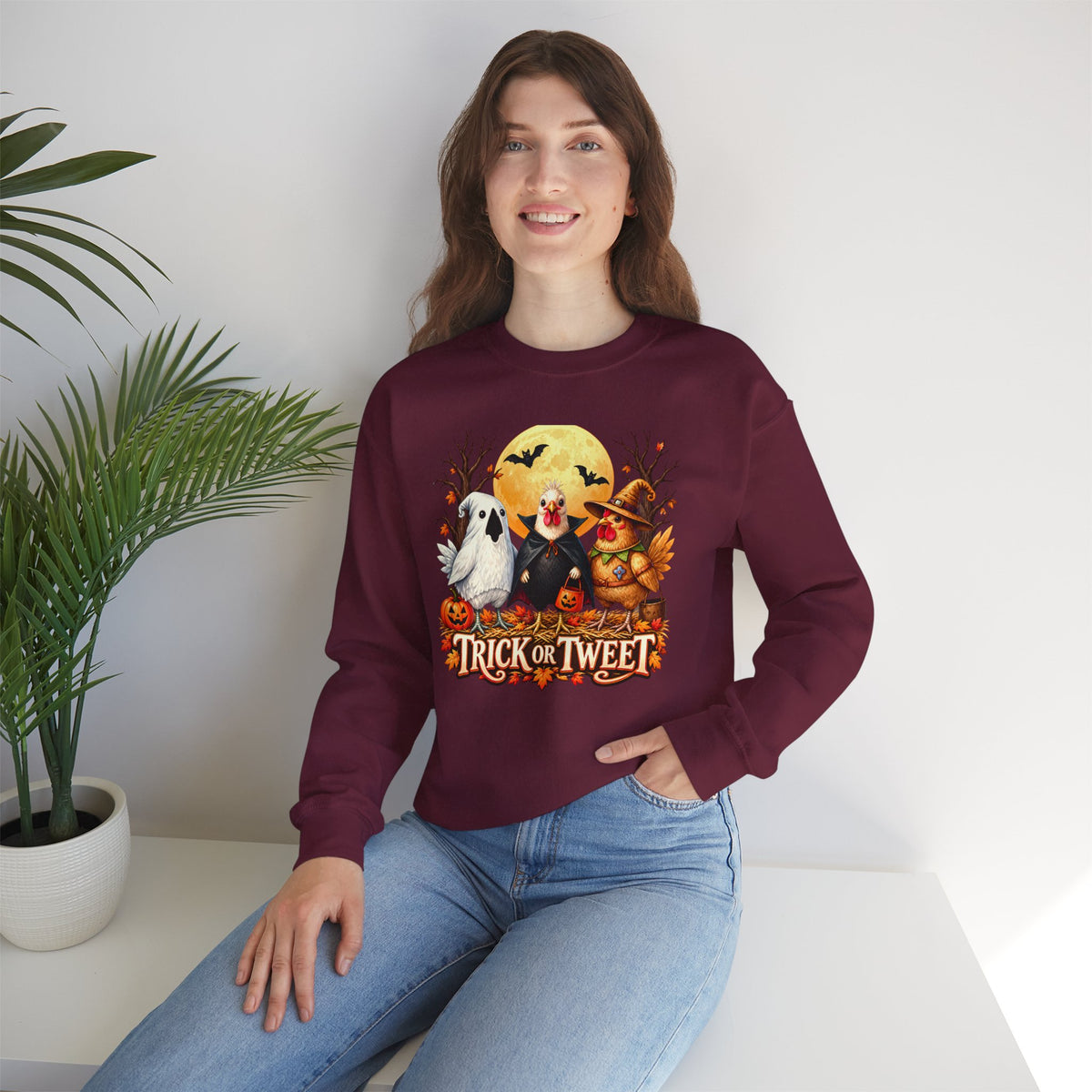 Trick or Tweet Halloween Sweatshirt, Cute Costume Chickens & Ghost Crewneck- 14512