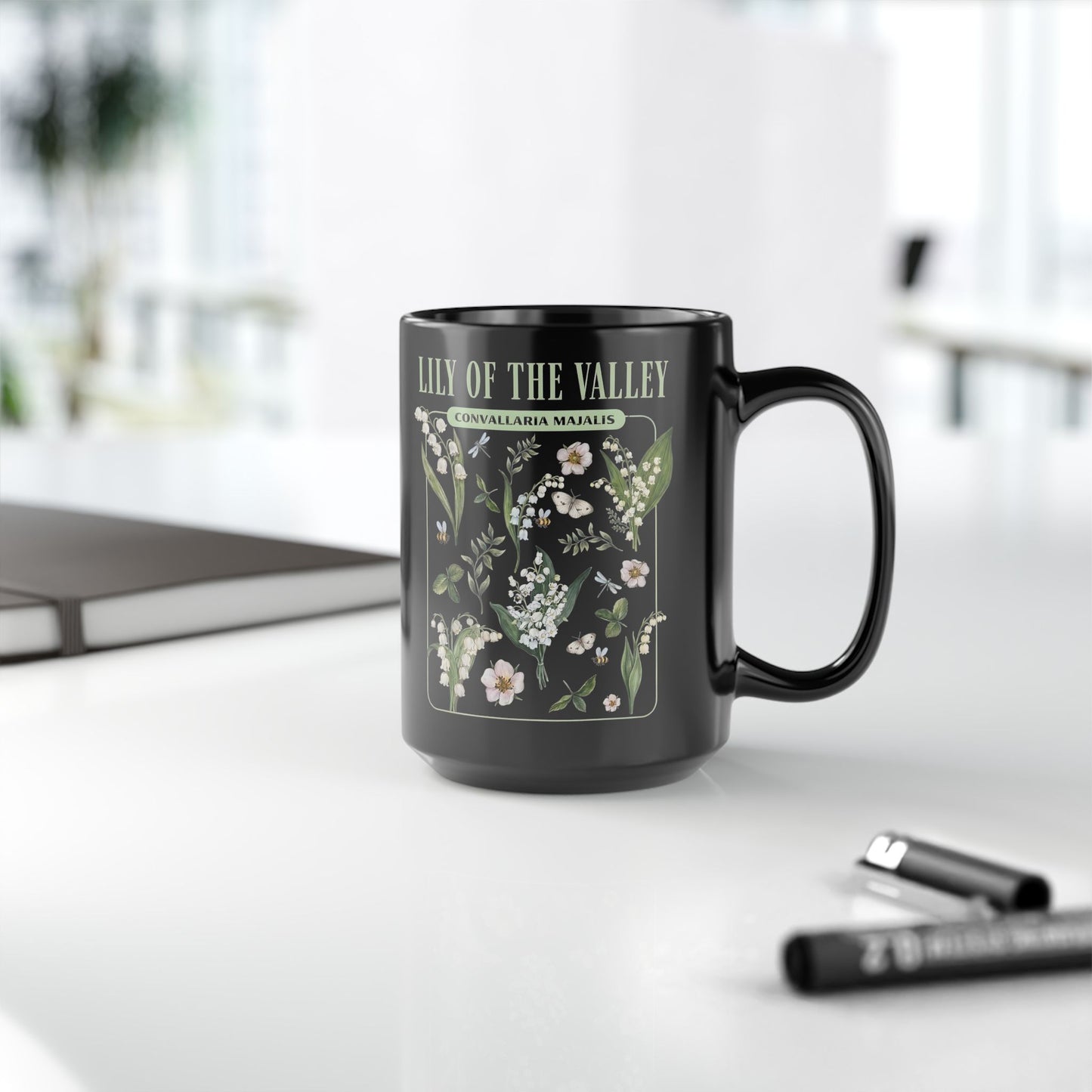 May Birth Flower Mug – Lily of the Valley Black Ceramic Coffee Cup (11oz, 15oz) - 11887